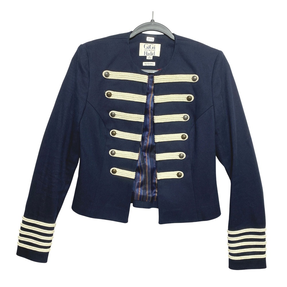 Gigi Hadid Military Band Jacket Womens 4 Navy Braided Trim Hilfiger Napoleon